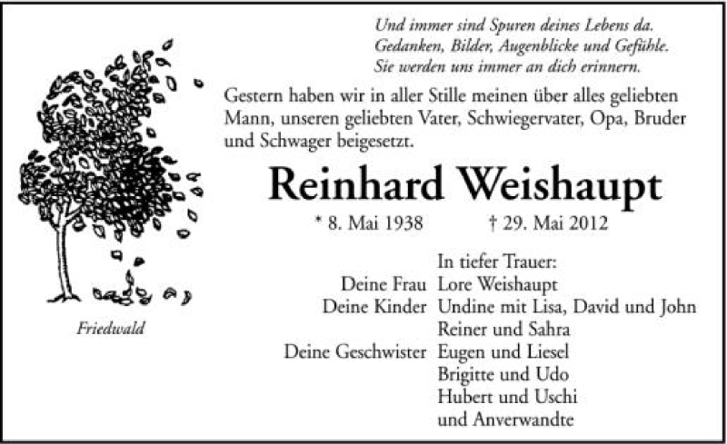  Traueranzeige für Reinhard Weishaupt vom 16.06.2012 aus Schwäbische Zeitung