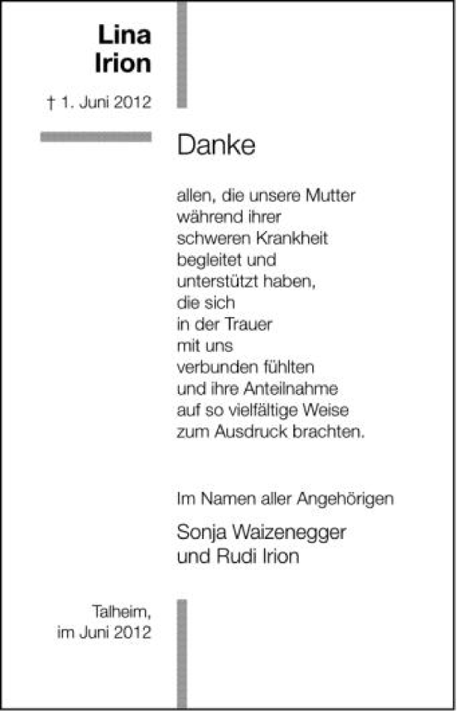  Traueranzeige für Lina Irion vom 23.06.2012 aus Schwäbische Zeitung