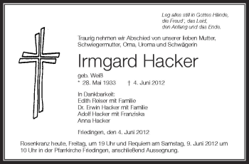 Anzeige von Irmgard Hacker von Schwäbische Zeitung