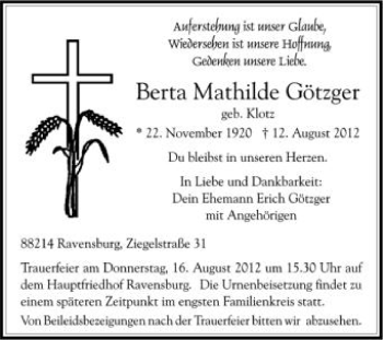 Anzeige von Berta Mathilde Götzger von Schwäbische Zeitung