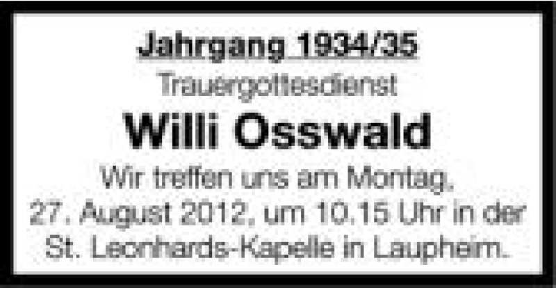  Traueranzeige für Willi Osswald vom 25.08.2012 aus Schwäbische Zeitung