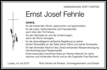Anzeige von Ernst Josef Fehnle von Schwäbische Zeitung