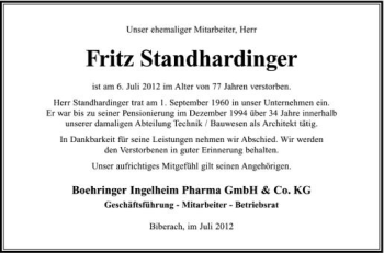 Anzeige von Frittz Standhardinger von Schwäbische Zeitung