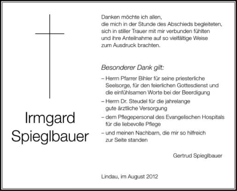  Traueranzeige für Irmgard Spieglbauer vom 22.08.2012 aus Schwäbische Zeitung