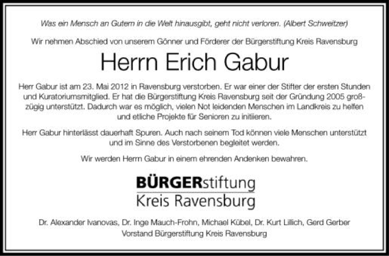  Traueranzeige für Erich Gabur vom 05.06.2012 aus Schwäbische Zeitung