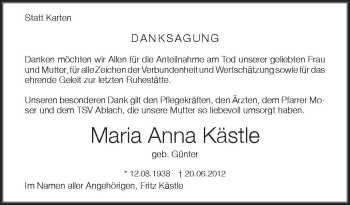 Anzeige von Maria Anna Kästle von Schwäbische Zeitung