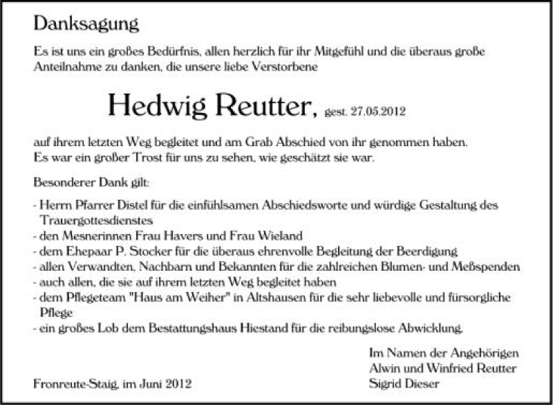  Traueranzeige für Hedwig Reutter vom 09.06.2012 aus Schwäbische Zeitung