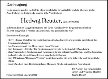 Anzeige von Hedwig Reutter von Schwäbische Zeitung