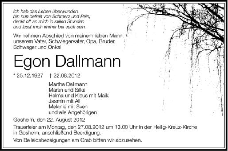  Traueranzeige für Egon Dallmann vom 25.08.2012 aus Schwäbische Zeitung