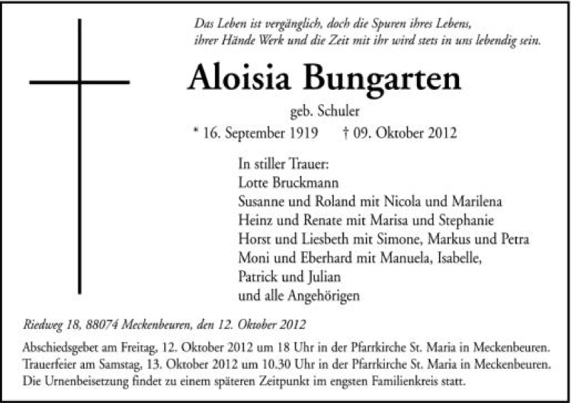  Traueranzeige für Aloisia Bungarten vom 12.10.2012 aus Schwäbische Zeitung