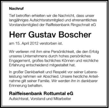 Anzeige von Gustav Boscher von Schwäbische Zeitung