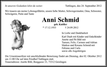 Anzeige von Anni Schmid von Schwäbische Zeitung