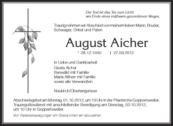 Anzeige von August Aicher von Schwäbische Zeitung