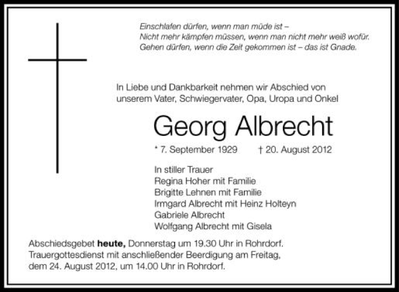  Traueranzeige für Georg Albrecht vom 23.08.2012 aus Schwäbische Zeitung