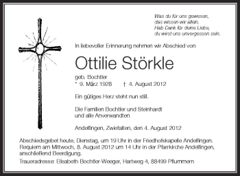 Anzeige von Ottilie Störkle von Schwäbische Zeitung