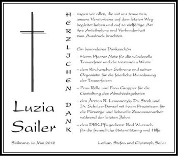 Anzeige von Luzia Sailer von Schwäbische Zeitung