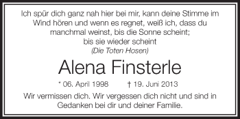 Anzeige von Alena Finsterle von Schwäbische Zeitung
