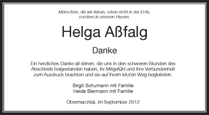  Traueranzeige für Helga Aßfalg vom 26.09.2012 aus Schwäbische Zeitung