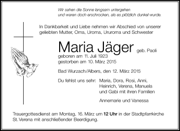 Anzeige von Maria Jäger von Schwäbische Zeitung