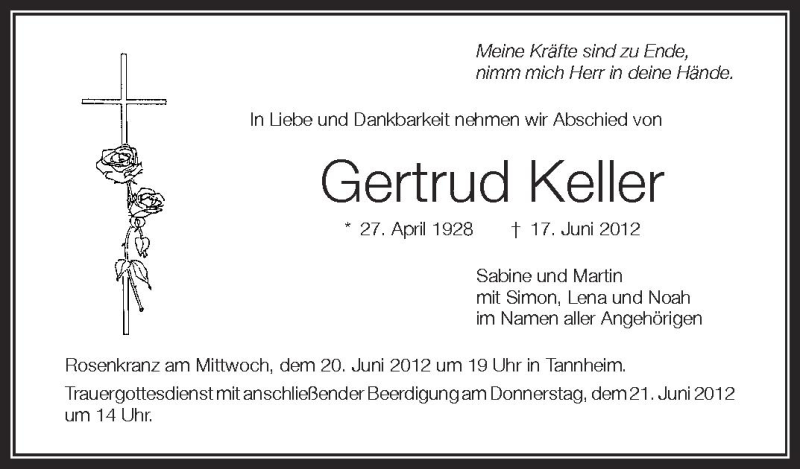  Traueranzeige für Gertrud Keller vom 19.06.2012 aus Schwäbische Zeitung