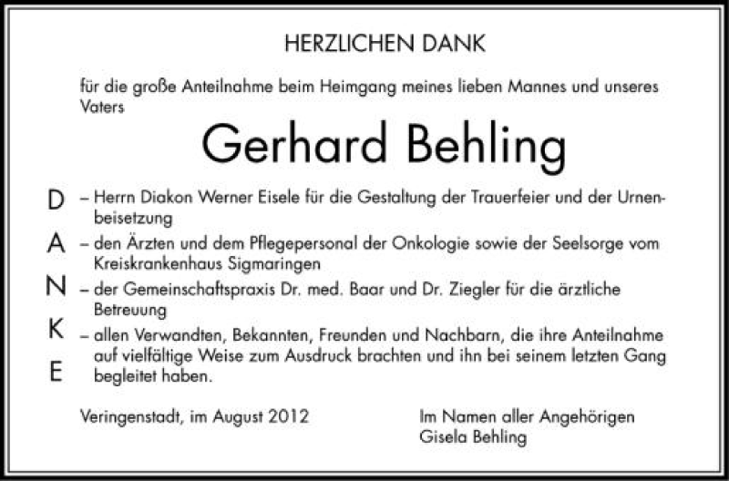  Traueranzeige für Gerhard Behling vom 01.08.2012 aus Schwäbische Zeitung