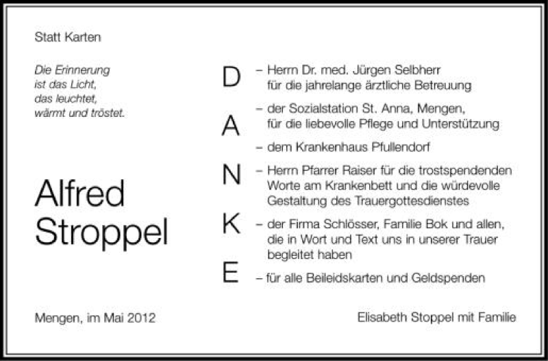  Traueranzeige für Alfred Stroppel vom 26.05.2012 aus Schwäbische Zeitung