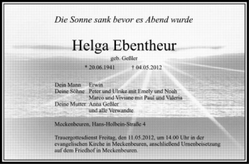 Anzeige von Helga Ebentheu von Schwäbische Zeitung