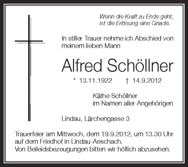  Traueranzeige für Alfred Schöllner vom 18.09.2012 aus Schwäbische Zeitung