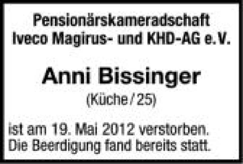  Traueranzeige für Anni Bissinger vom 13.06.2012 aus Schwäbische Zeitung