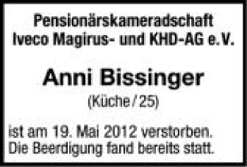 Anzeige von Anni Bissinger von Schwäbische Zeitung