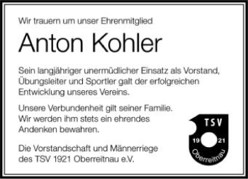 Anzeige von Anton Kohler von Schwäbische Zeitung