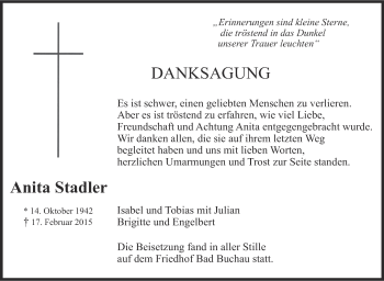 Anzeige von Anita Stadler von Schwäbische Zeitung
