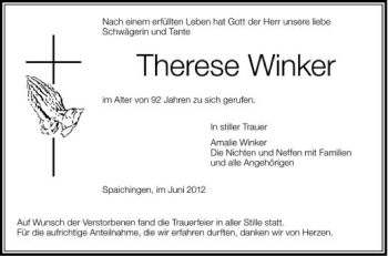 Anzeige von Therese Winker von Schwäbische Zeitung