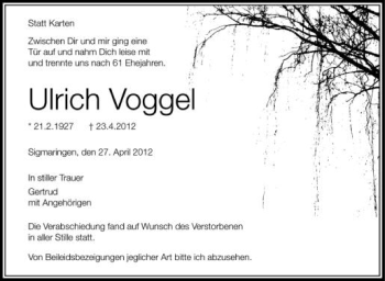 Anzeige von Ulrich Voggel von Schwäbische Zeitung