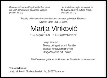 Anzeige von Marija Vincovic von Schwäbische Zeitung