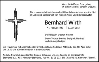 Anzeige von Bernhard Wirth von Schwäbische Zeitung