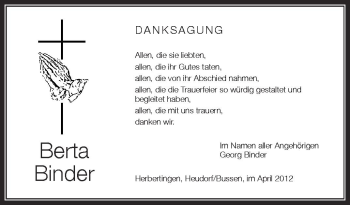 Anzeige von Berta Binder von Schwäbische Zeitung
