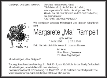 Anzeige von Margarete Rampelt von Schwäbische Zeitung