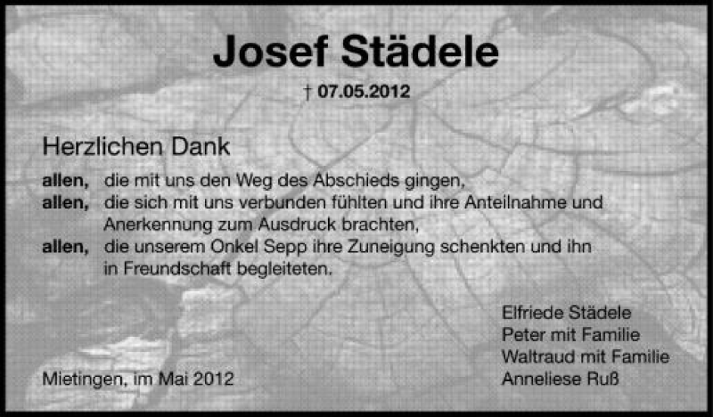  Traueranzeige für Josef Städele vom 02.06.2012 aus Schwäbische Zeitung