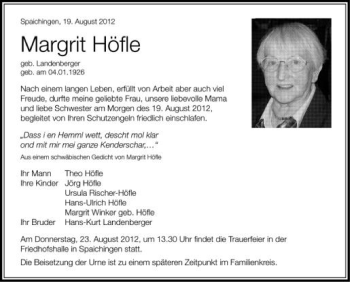 Anzeige von Margit Höfle von Schwäbische Zeitung