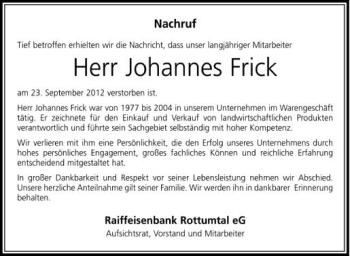 Anzeige von Johannes Frick von Schwäbische Zeitung