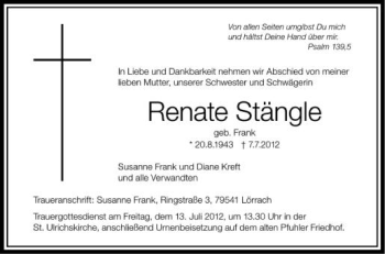 Anzeige von Renate Stängle von Schwäbische Zeitung