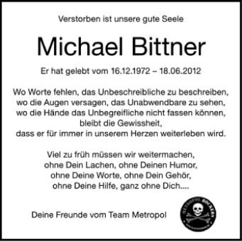 Anzeige von Michael Bittner von Schwäbische Zeitung