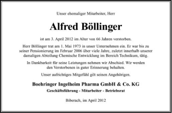 Anzeige von Alfred Böllinger von Schwäbische Zeitung
