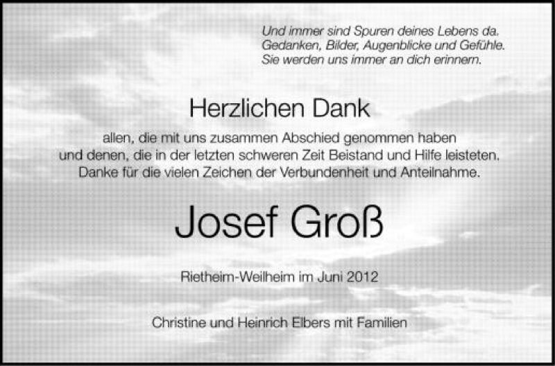  Traueranzeige für Josef Groß vom 06.06.2012 aus Schwäbische Zeitung