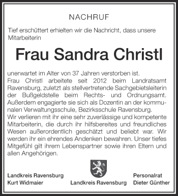 Anzeige von Sandra Christl von Schwäbische Zeitung