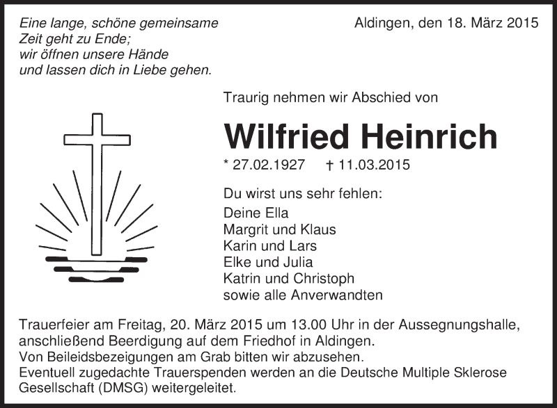  Traueranzeige für Wilfried Heinrich vom 19.03.2015 aus Schwäbische Zeitung