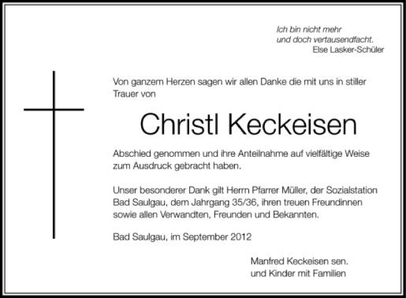  Traueranzeige für Christl Keckeisen vom 14.09.2012 aus Schwäbische Zeitung