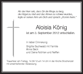 Anzeige von Aloisia König von Schwäbische Zeitung