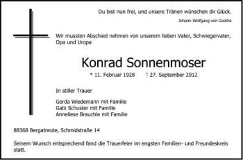 Anzeige von Konrad Sonnenmoser von Schwäbische Zeitung